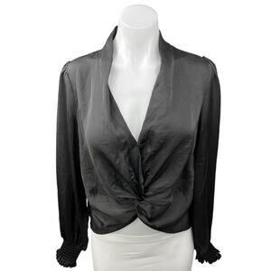 AQUA Black Silk Satin Long Sleeve Smocked Cuffed Deep V Neck Blouse Top Size S